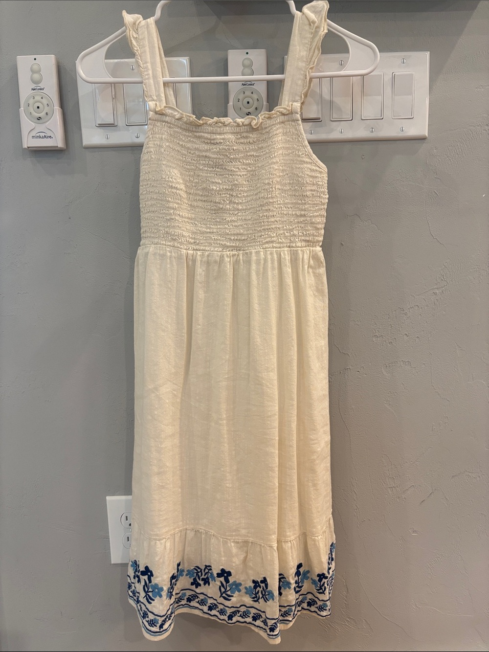 Old Navy Girls Cream Sundress with Blue Embroidered Hem
